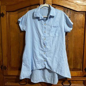 Cristina‎ Vergani Shirt Womens S Blue Linen Blend High Low Hem Pockets Lagenlook